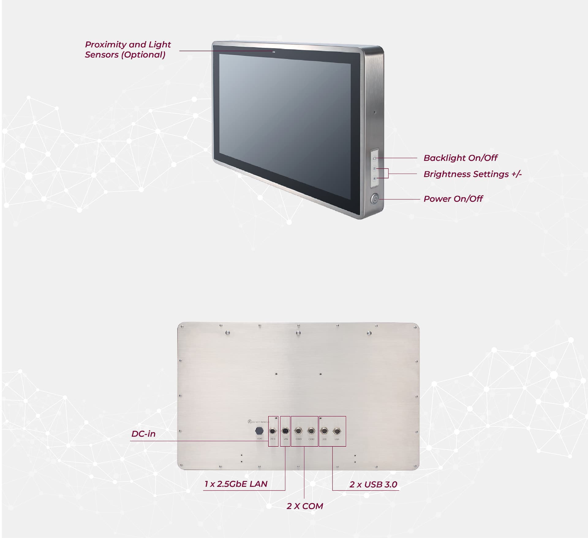 Axiomtek GOT818A-TGL-WCD Stainless Steel IP69K Touch Panel PC Front View Layout