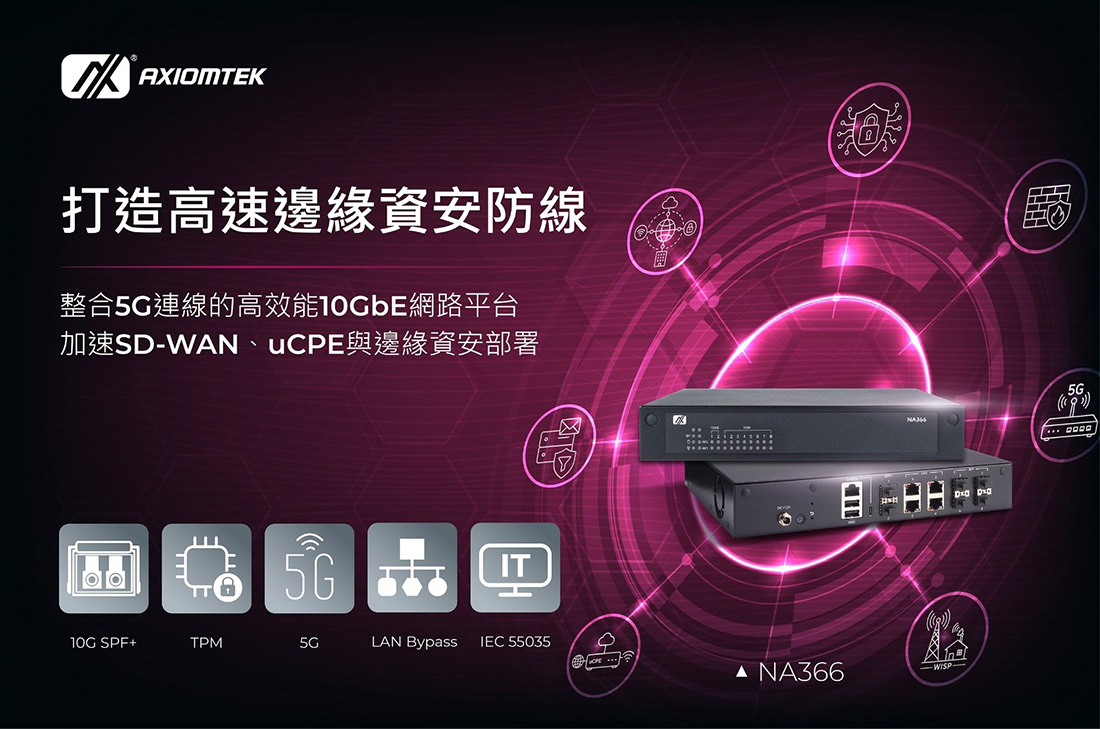 艾訊推出精巧桌上型網路安全平台NA366，整合高速網路與5G連線能力，打造安全可靠的邊緣網路應用